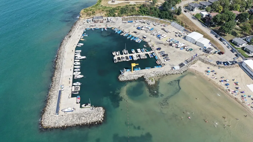 Fishing boats and marina facilities at Kraimorie Harbour near Burgas