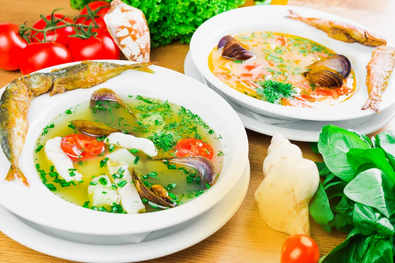 Traditional Black Sea fish soup with fresh seafood and herbs