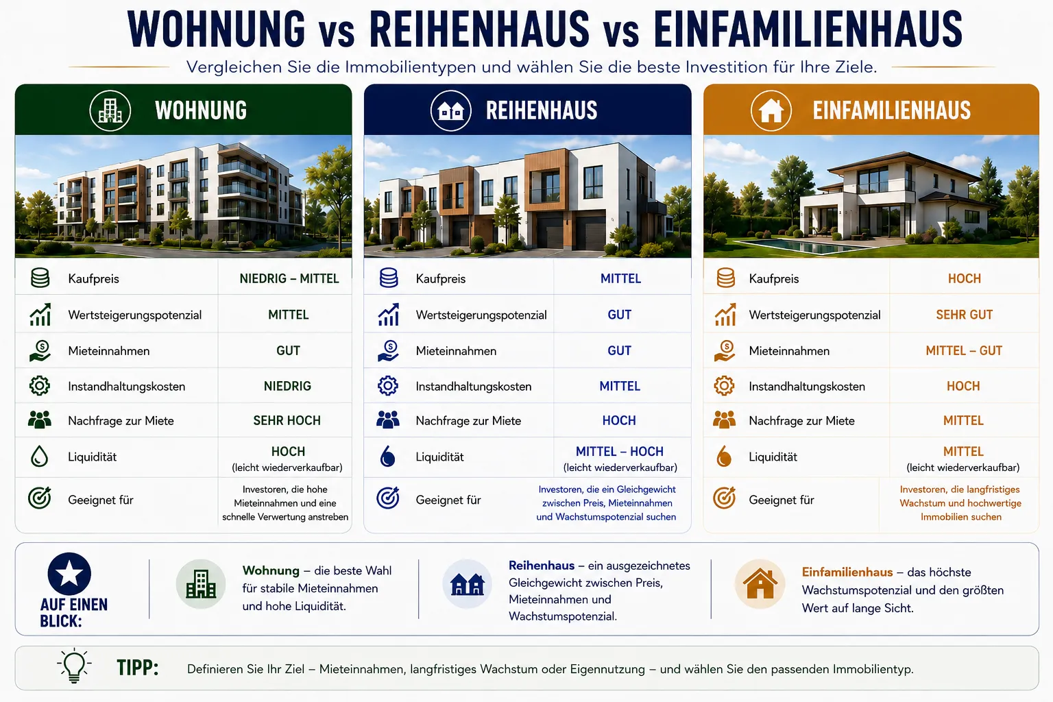 In welchen Immobilientyp investieren Wohnung Reihenhaus oder Einfamilienhaus