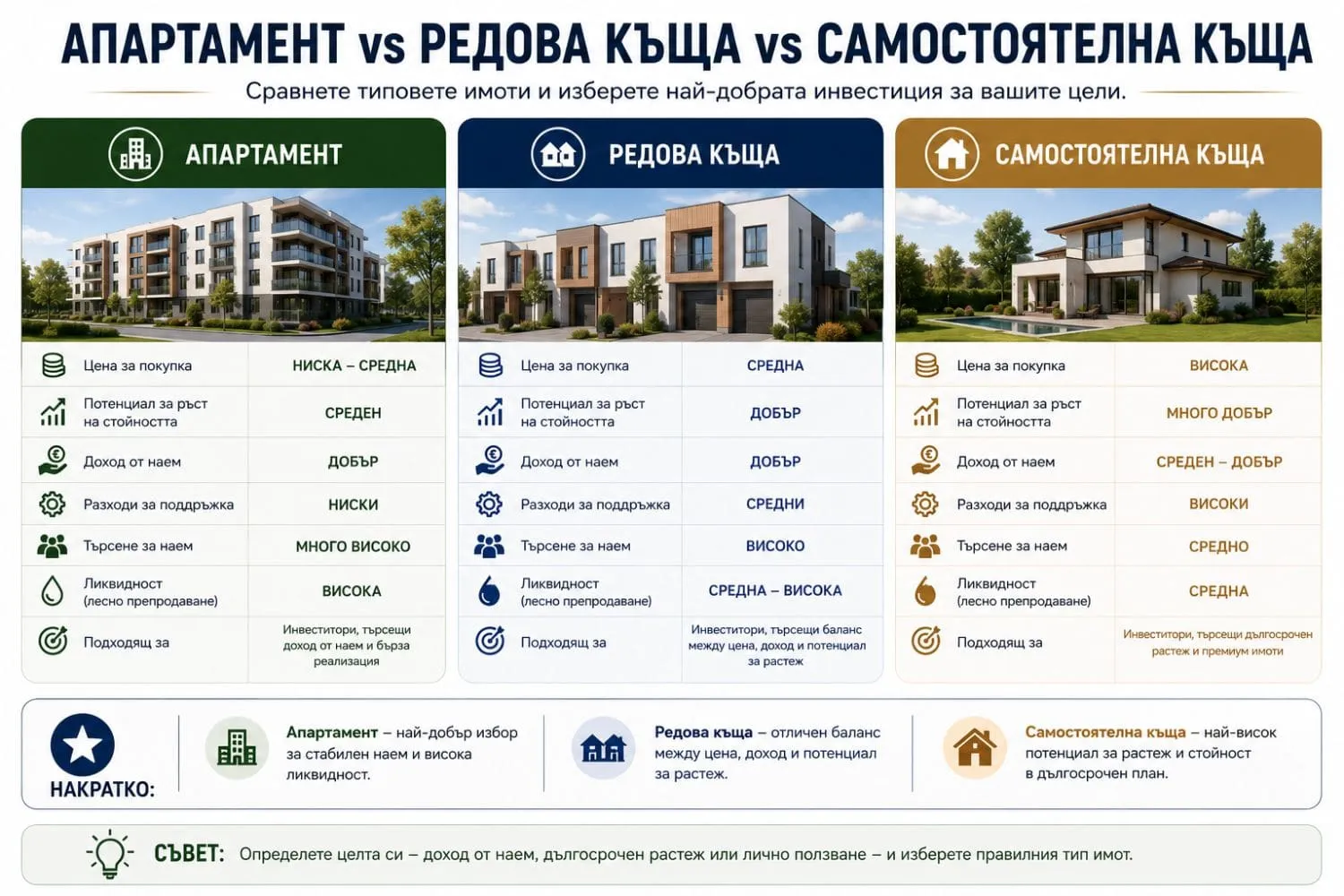 В какъв имот да инвестирате- апартамент, редова къща или самостоятелна къща