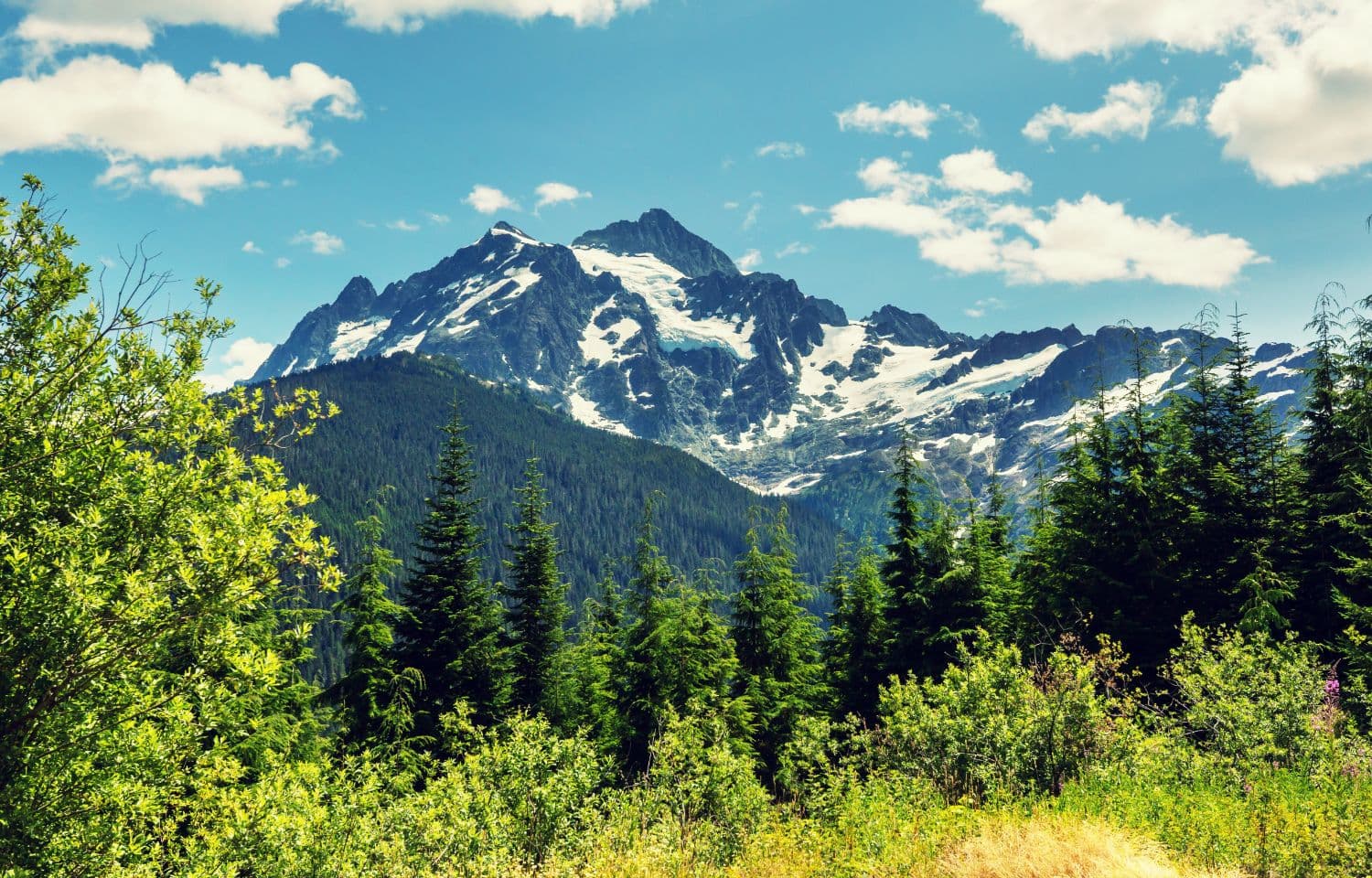 Peaceful mountain landscape surrounded by green forest and natural scenery