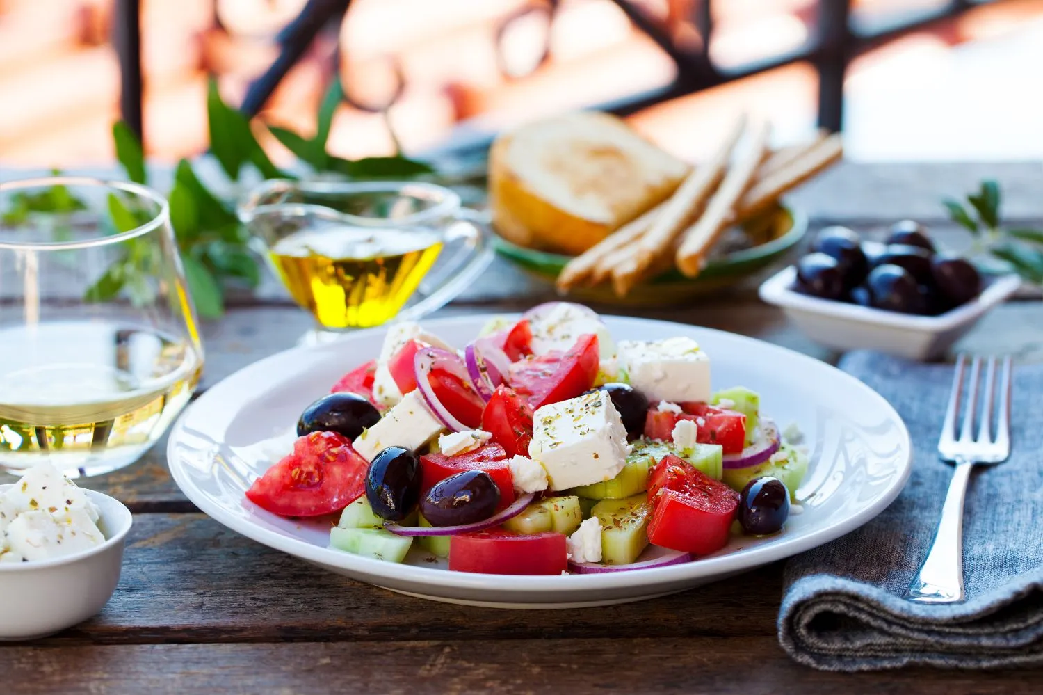Fresh traditional salad with feta cheese and olives for a leisurely seaside lunch
