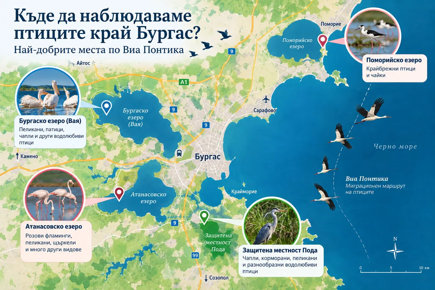 Karta na nai dobrite mesta za nablyudenie na ptici po Via Pontica krai Burgas