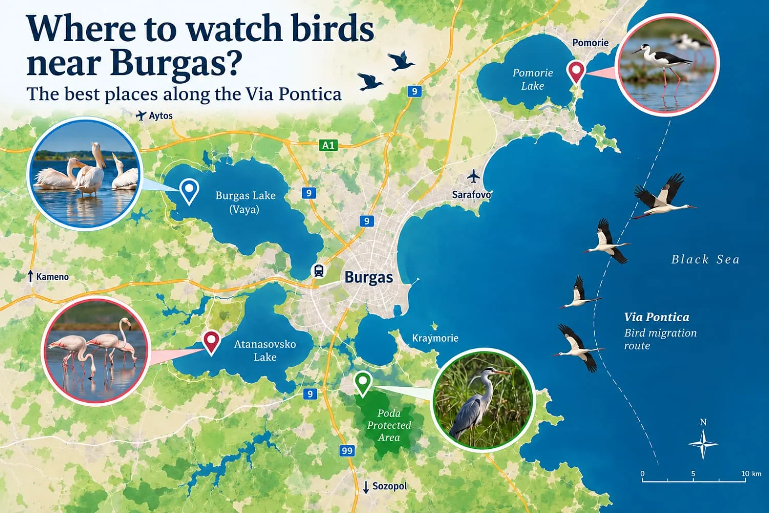 Karte der besten Vogelbeobachtungsplätze entlang der Via Pontica bei Burgas