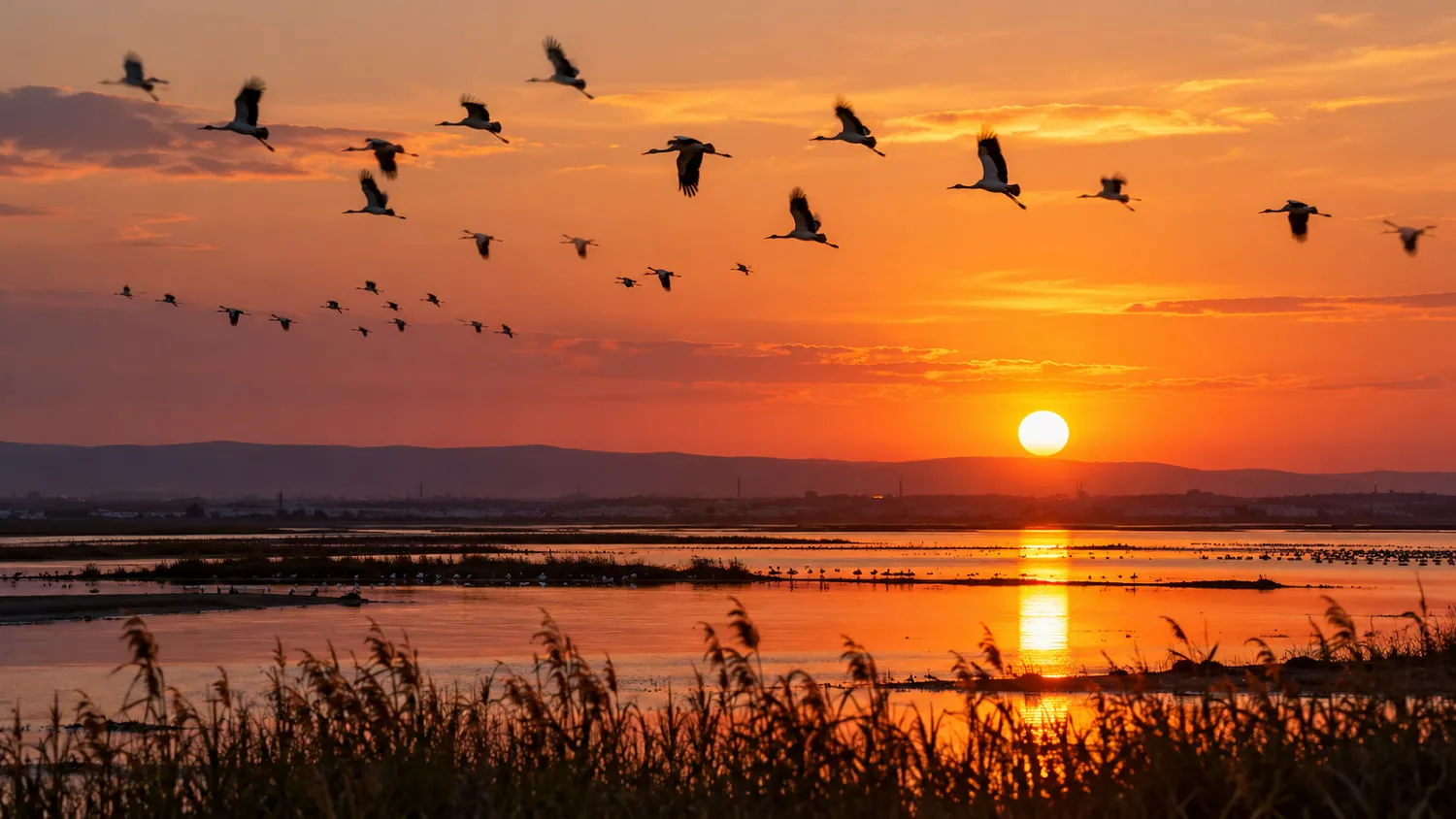 Migration automnale des oiseaux au-dessus des lacs de Burgas au coucher du soleil